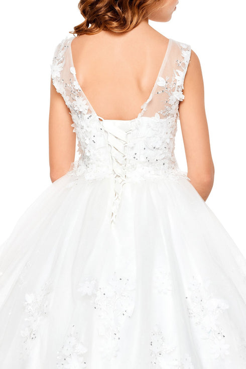Little Girls Off White 3D Floral Applique Lace Sequin Flower Girl Dress 2-6